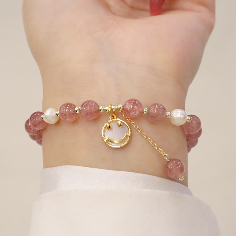 Mythstone Strawberry Quartz Pearl Elk Smiley Face Fishtail Fu Character Charm Healing Bracelet