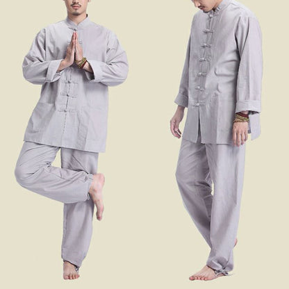 Mythstone Chinese Frog Button Design Meditation Prayer Cotton Linen Spiritual Zen Practice Yoga Clothing Men's Set