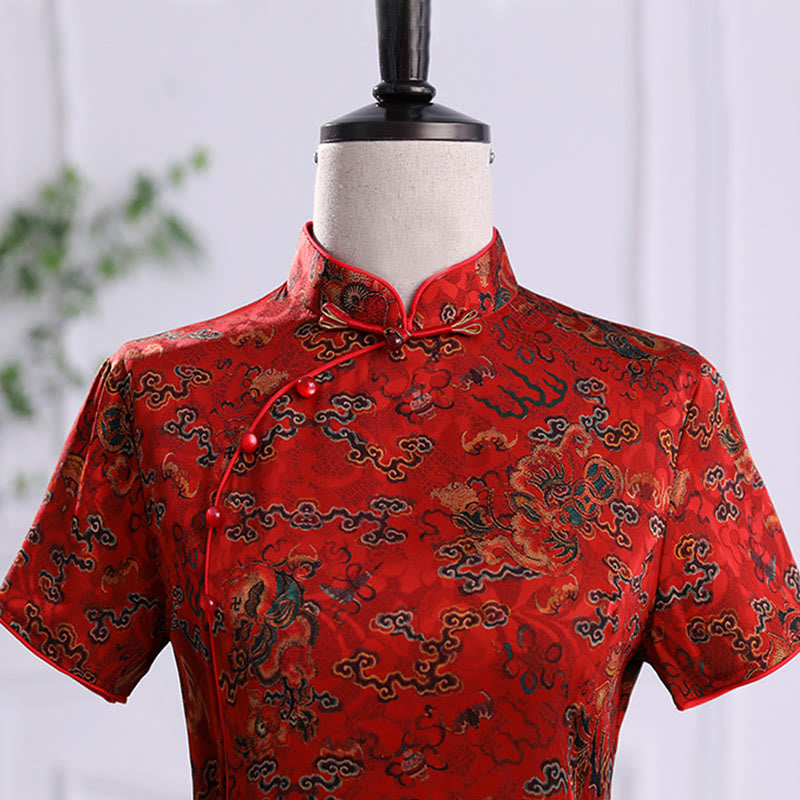 Mythstone Vintage Auspicious Clouds Leaf Print Cheongsam Dress Women's Qipao Dress