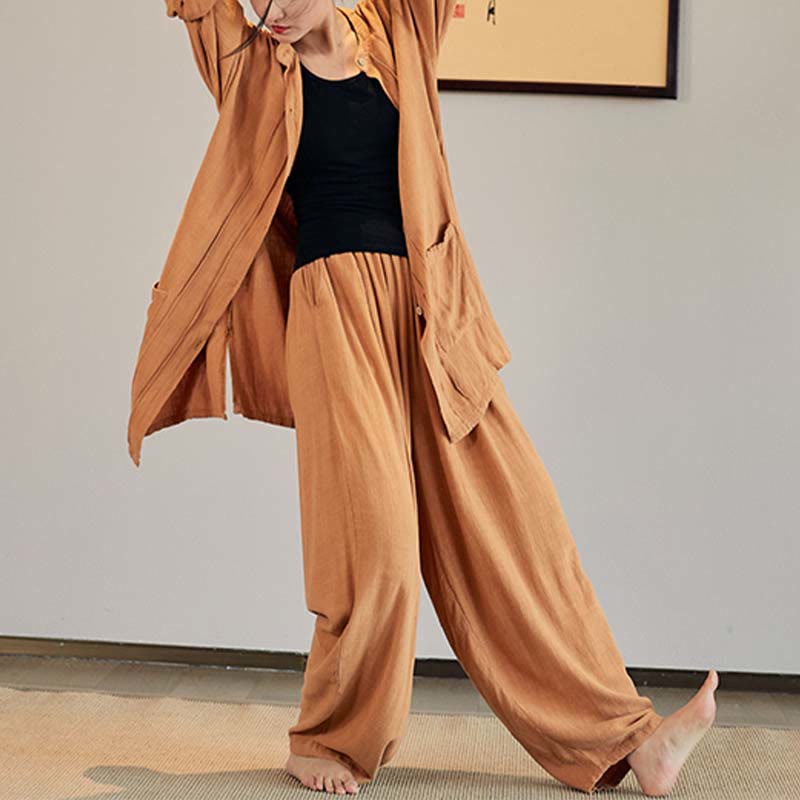 Mythstone Plain Long Sleeve Coat Jacket Top Wide Leg Pants Zen Tai Chi Yoga Meditation Clothing