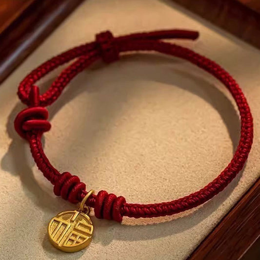 Mythstone Handmade Eight Thread Peace Knot Fu Character Charm Luck Happiness Red Rope Bracelet