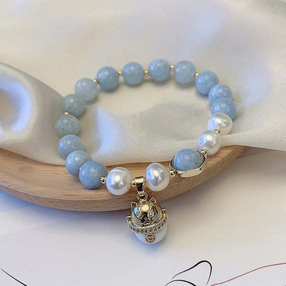 Mythstone Aquamarine Pearl Peace Healing Lucky Cat Charm Bracelet