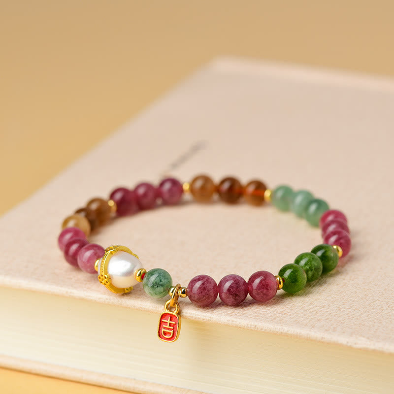 Mythstone Natural Multicolored Tourmaline Pearl Auspicious Character Charm Wisdom Bracelet