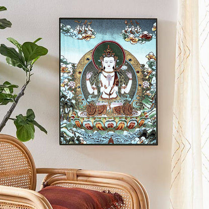 Mythstone Tibetan Silk Embroidery White Tara Thangka Tapestry Wall Hanging Wall Art Meditation for Home Decor