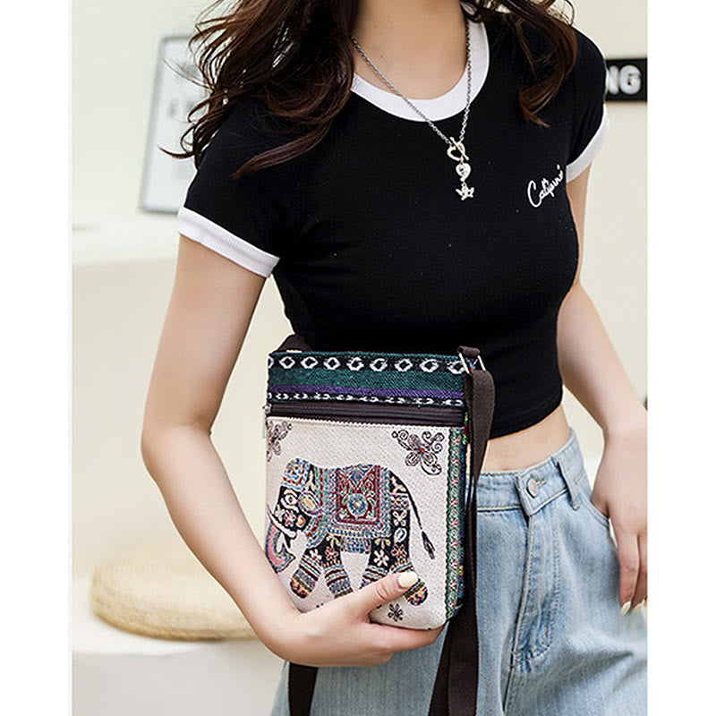 Mythstone Elephant Butterfly Embroidered Canvas Tote Bag Shoulder Bag Crossbody Bag