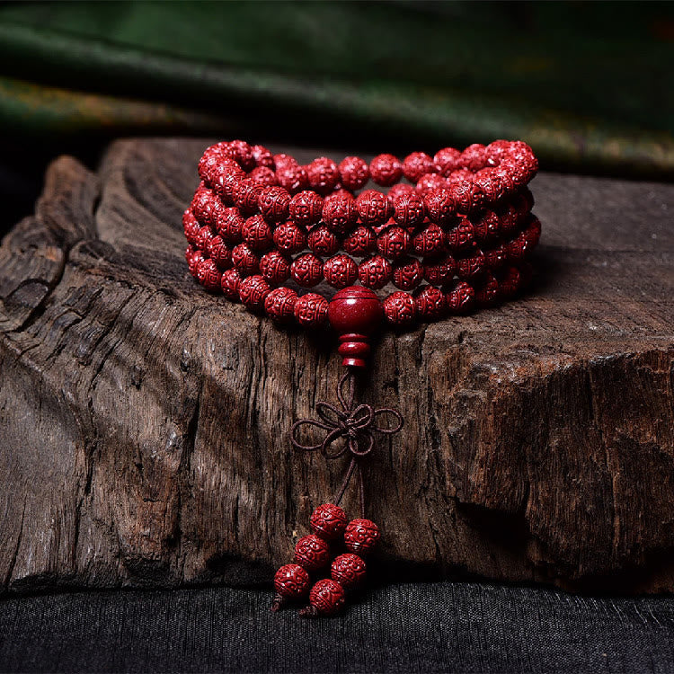 Mythstone 108 Mala Beads Cinnabar Om Mani Padme Hum Pattern Engraved Blessing Bracelet