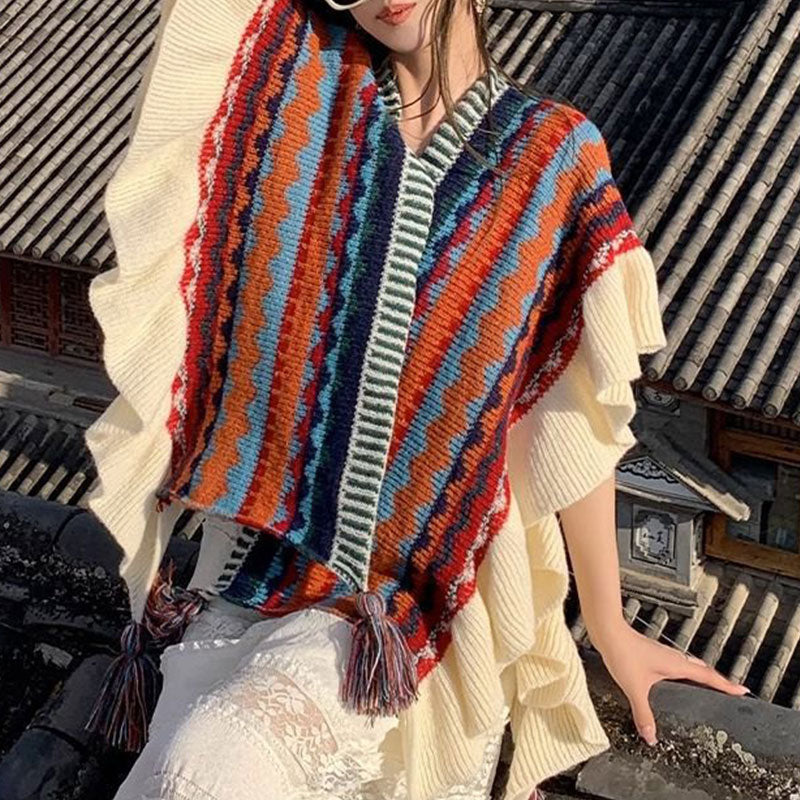 Mythstone Tibetan Shawl Colorful Striped Wavy Line Tassels Winter Cozy Travel Scarf Wrap