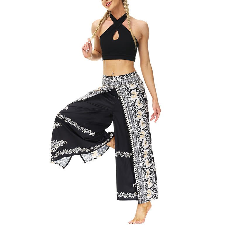 Mythstone Boho Flower Vine Split Thigh Wide Leg Pants Sports Fitness Dance Women's Yoga Pants