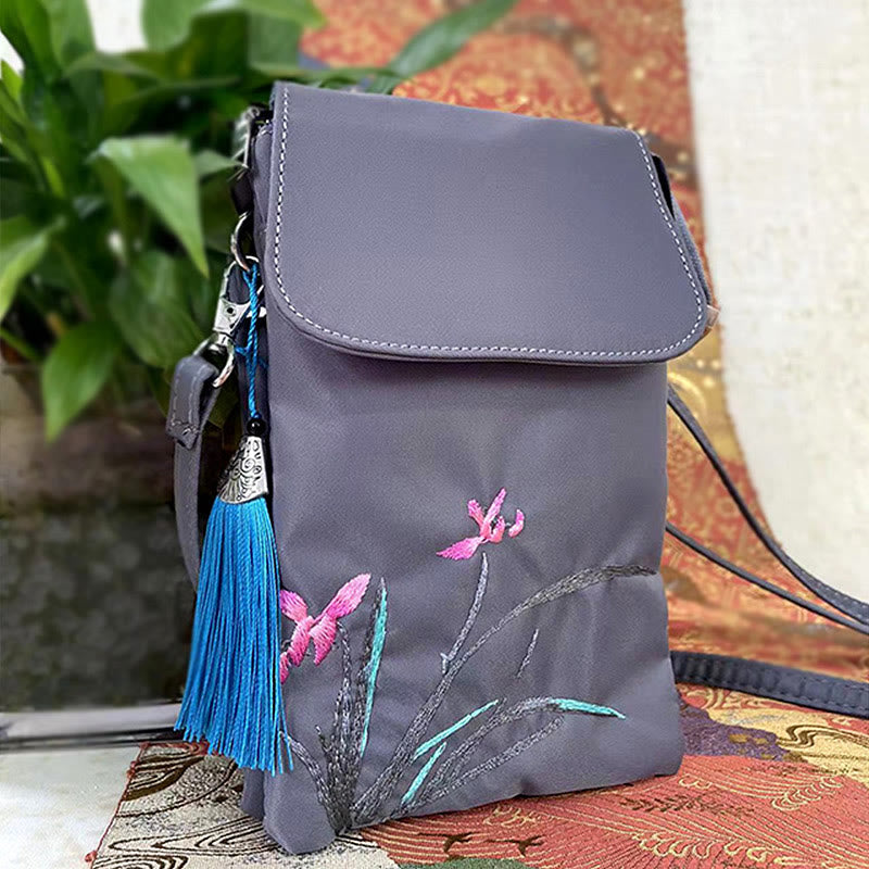 Mythstone Waterproof Handmade Embroidered Lotus Flowers Crossbody Bag Shoulder Bag Cellphone Bag