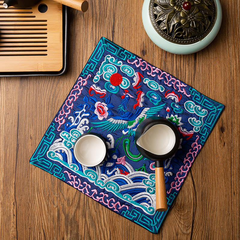 Mythstone Phoenix Dragon Kirin Embroidery Cup Mat Pad Tea Cup Coaster Kung Fu Tea Mat