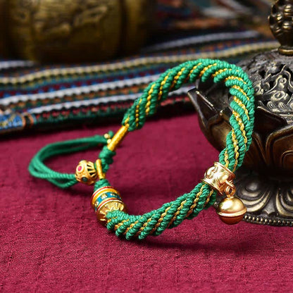 Mythstone Tibetan Handmade Luck Protection Thangka Prayer Wheel Bell Charm Braid String Bracelet