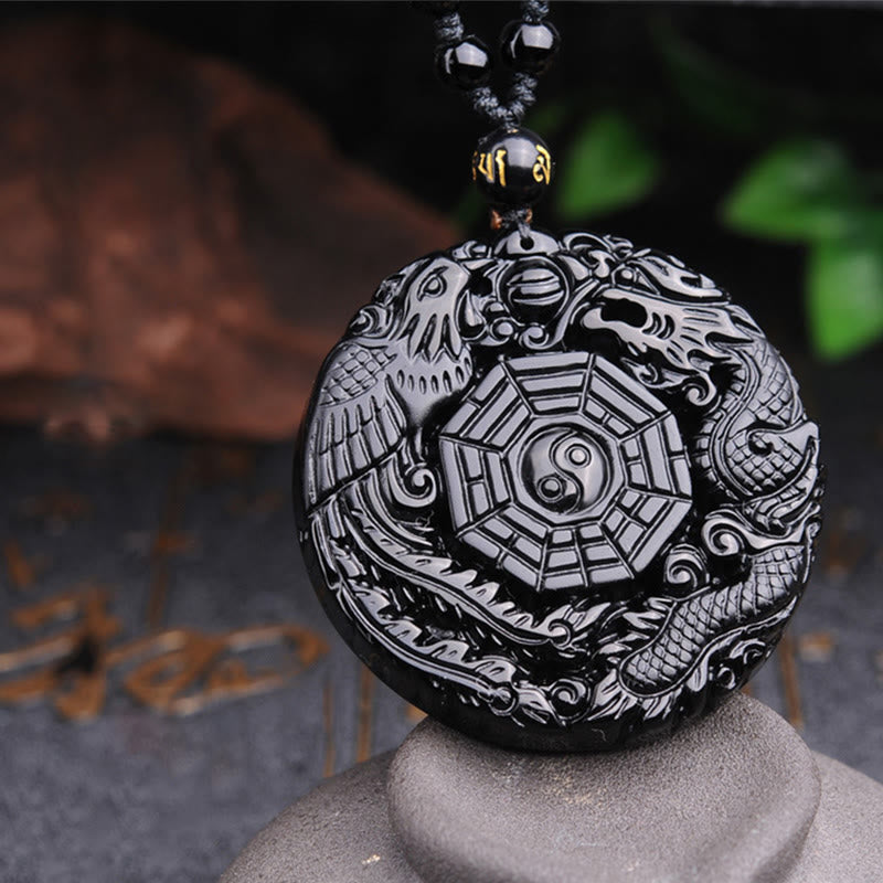 Mythstone Bagua Dragon Phoenix Obsidian Fulfilment Pendant Necklace