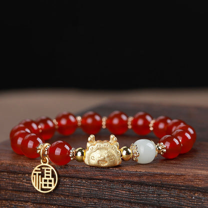 MythStone Year Of The Dragon Red Agate Gray Agate Dumpling Luck Fu Character Bracelet