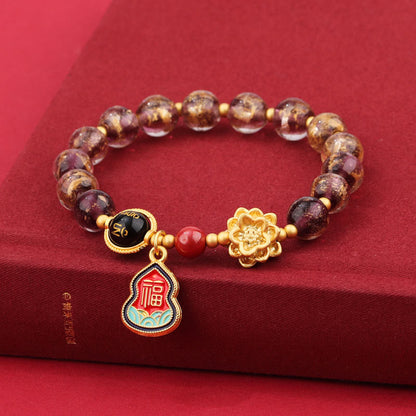 Pulsera de la suerte con cuentas de vidrio de loto y liuli con dije de calabaza y personaje Om Mani Padme Hum Fu del Tíbet