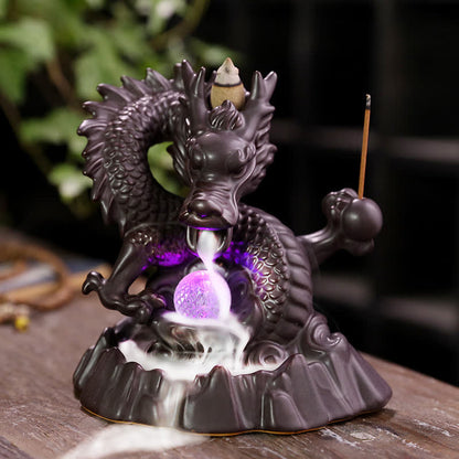 Mythstone Auspicious Dragon Ceramic Backflow Smoke Fountain Meditation Healing Incense Burner Led Ball Decoration