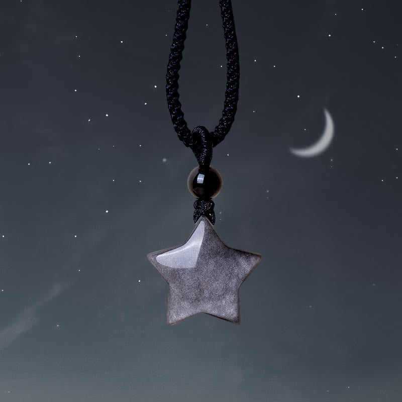 Collar con colgante de protección de luna creciente y estrella de obsidiana con brillo plateado natural Mythstone