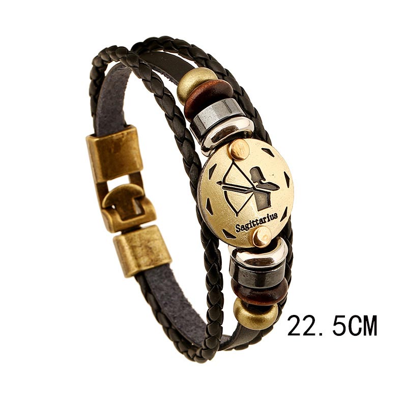 12 Constellations of the Zodiac Hematite Leather Charm Bracelet