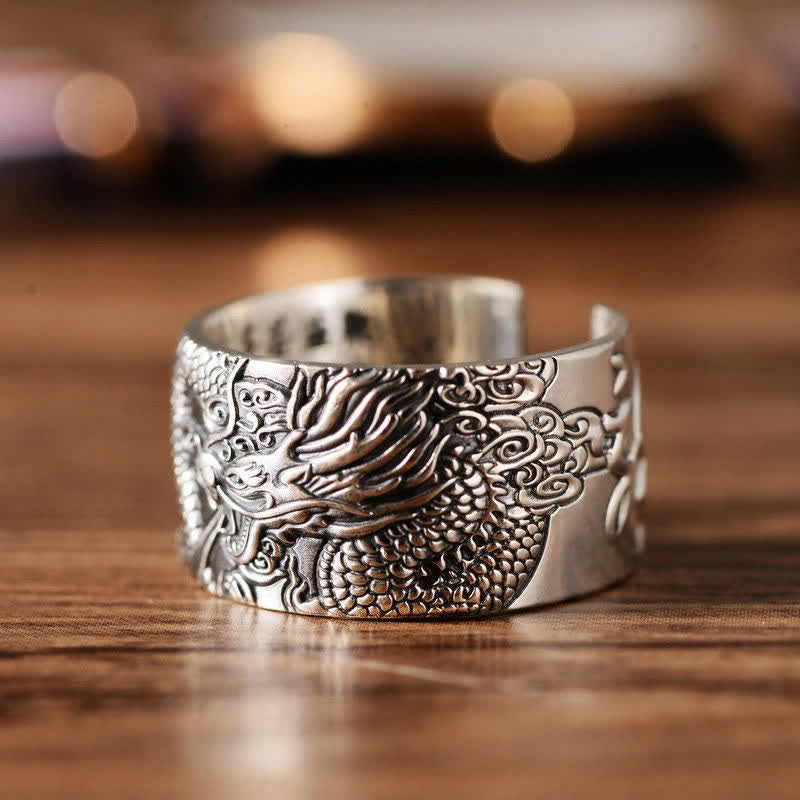 Mythstone 999 Sterling Silver Dragon Carved Pattern Protection Success Ring