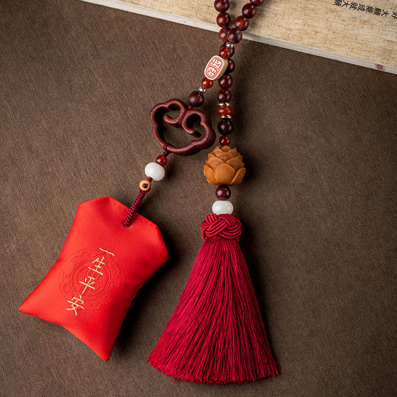 Mythstone Tibetan Small Leaf Red Sandalwood Lotus Cinnabar Sachet Protection Tassel Car Hanging Decoration