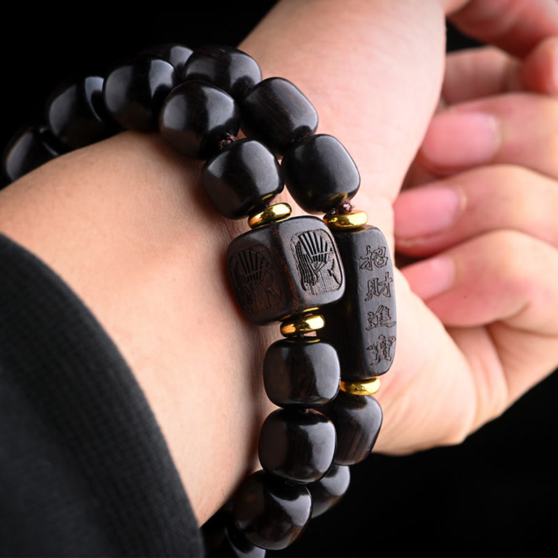 Mythstone Tibetan Ebony Wood Barrel Beads Lucky And Treasure Balance Bracelet