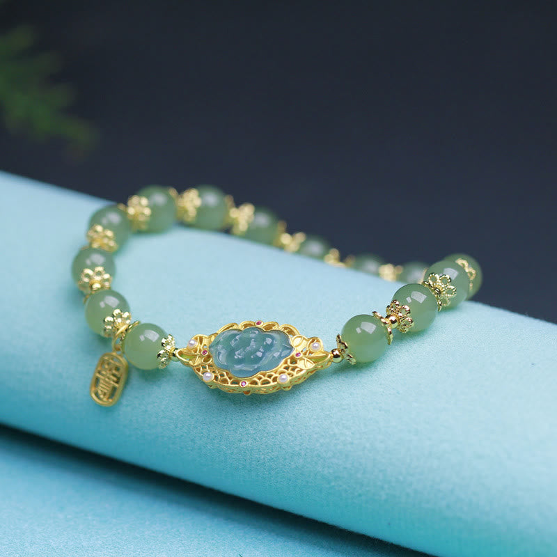 14K Gold Plated 925 Sterling Silver Hetian Jade Lotus Luck Bracelet