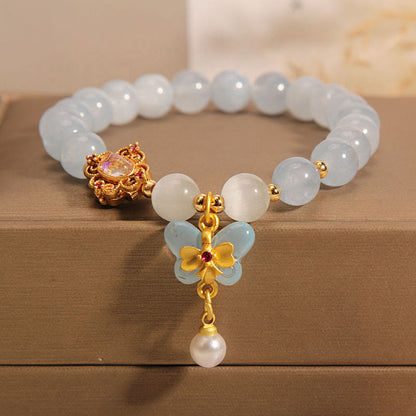 Mythstone Aquamarine Cat's Eye Healing Butterfly Pearl Charm Bracelet