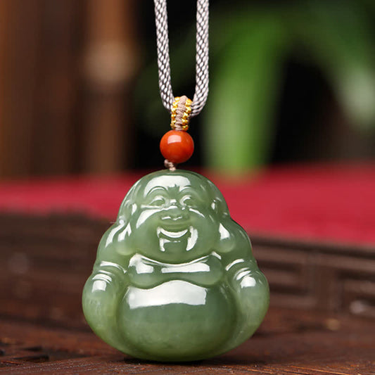 Mythstone Laughing Buddha Hetian Jade Abundance Necklace String Pendant