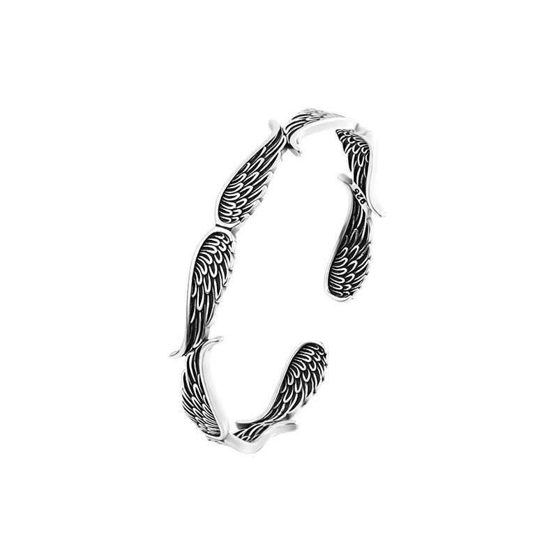 Mythstone Angel Wings Feather Pattern Carved Luck Cuff Bracelet Bangle