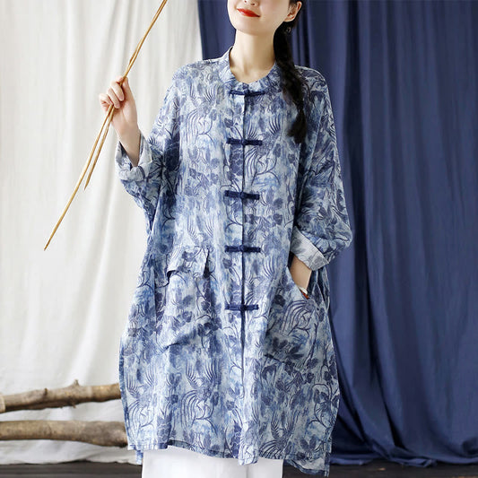 Mythstone Blue Flowers Butterfly Frog-Button Long Sleeve Ramie Linen Jacket Shirt With Pockets