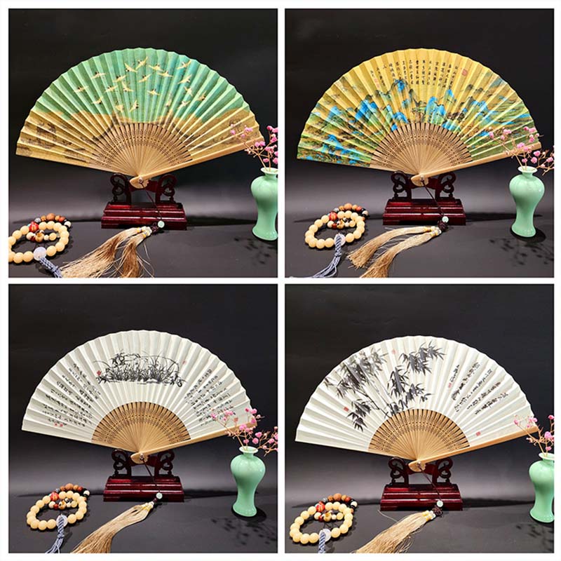 Mythstone A Panorama Of Rivers And Mountains Cranes Orchid Flower Paper Bamboo Handheld Silk Bamboo Folding Fan 22cm