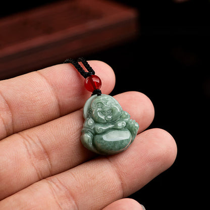 Mythstone Natural Green Jade Laughing Buddha Luck Abundance Necklace Pendant