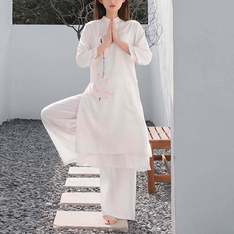 Mythstone 2Pcs Lotus Pattern Tai Chi Meditation Yoga Cotton Linen Clothing Top Pants Women's Set