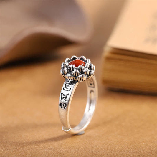 Mythstone 925 Sterling Silver Lotus Red Agate Confidence Blessing Ring