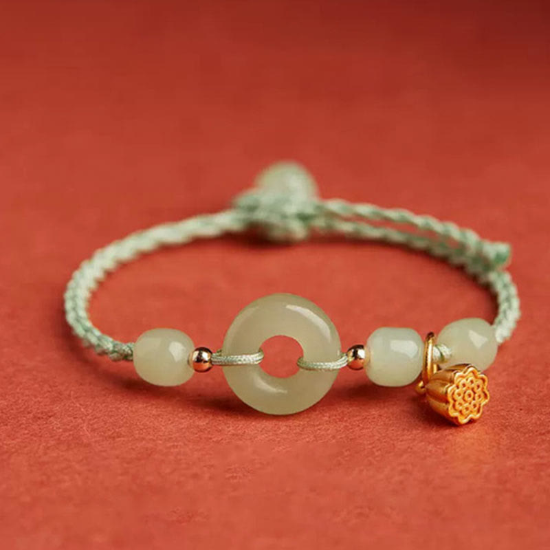 Pulsera de hilo con hebilla de paz redonda de piedra mitológica con loto de jade, felicidad, abundancia y riqueza