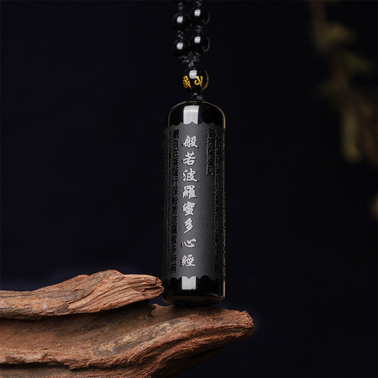 Mythstone Natural Black Obsidian Heart Sutra Purification Necklace Pendant