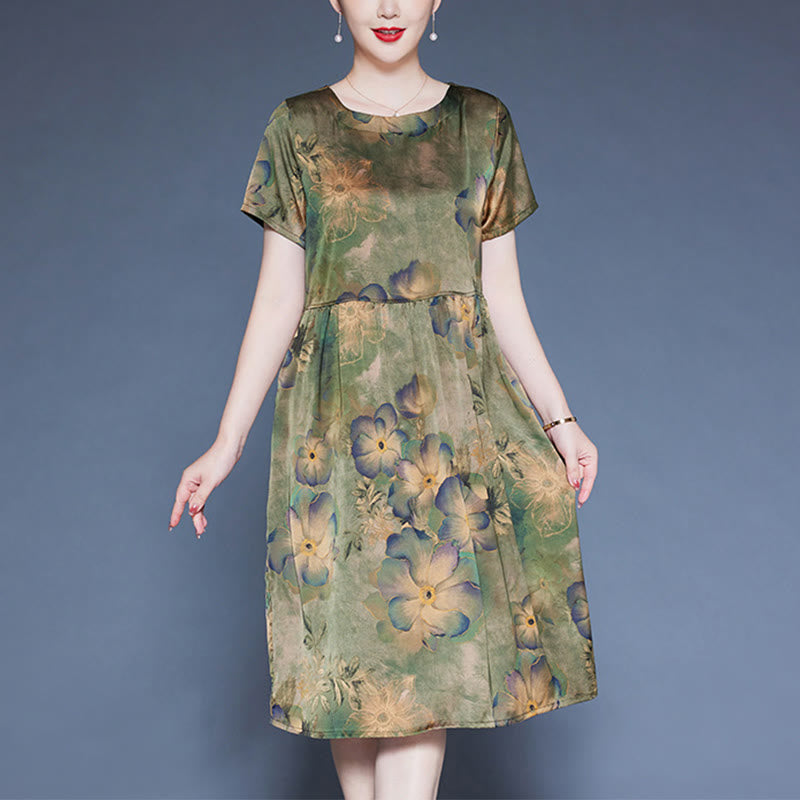 Mythstone Flowers Leaves Short Sleeve Midi Dress With Pockets