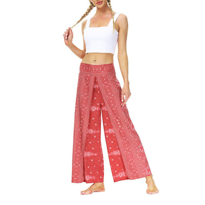 Mythstone Boho Geometric Feather Split Thigh Wide Leg Pants Sports Fitness Dance Women's Yoga Pants