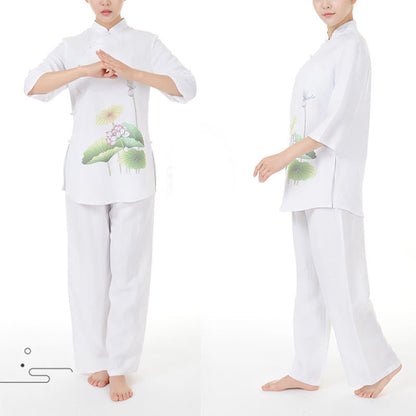 Mythstone 2Pcs White Lotus Flower Leaf Half Sleeve Shirt Top Pants Meditation Zen Tai Chi Linen Clothing Women's Set