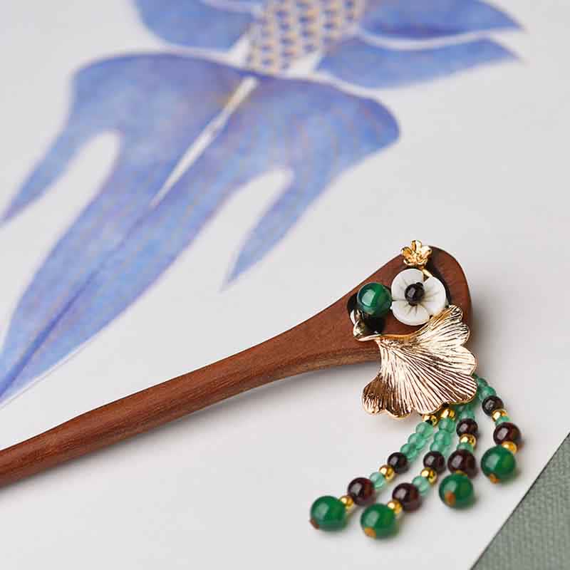 Mythstone Red Sandalwood Green Agate Ginkgo Leaf Protection Hairpin