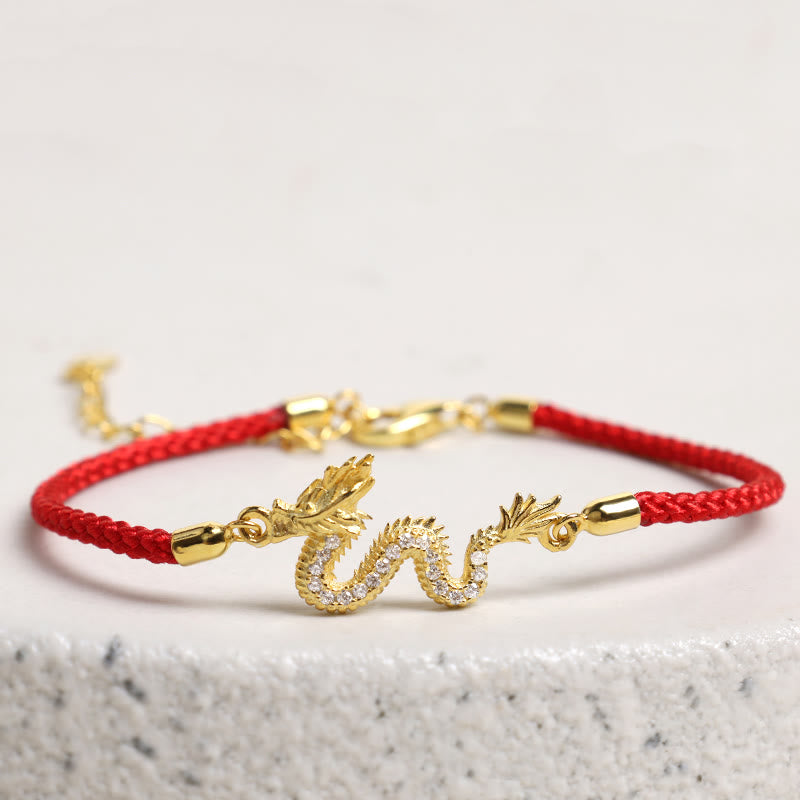 MythStone 925 Sterling Silver Year Of The Dragon Auspicious Golden Dragon Luck Red Rope Chain Bracelet