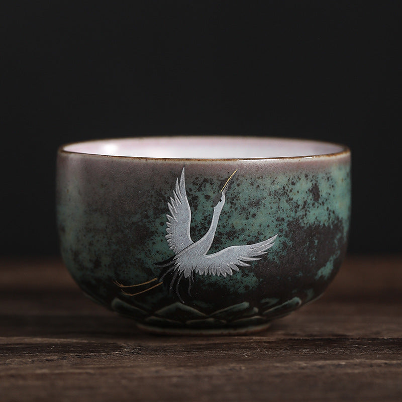 Mythstone Auspicious Crane Ceramic Teacup Kung Fu Tea Cup Bowl