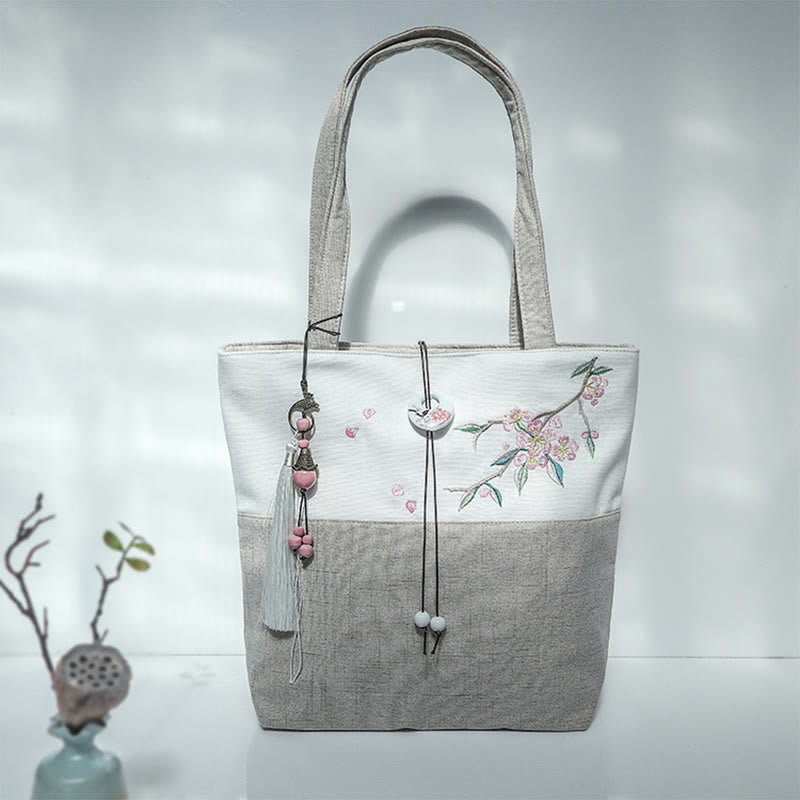 Mythstone Pear Flower Plum Peach Blossom Bamboo Embroidery Canvas Large Capacity Shoulder Bag Tote Bag