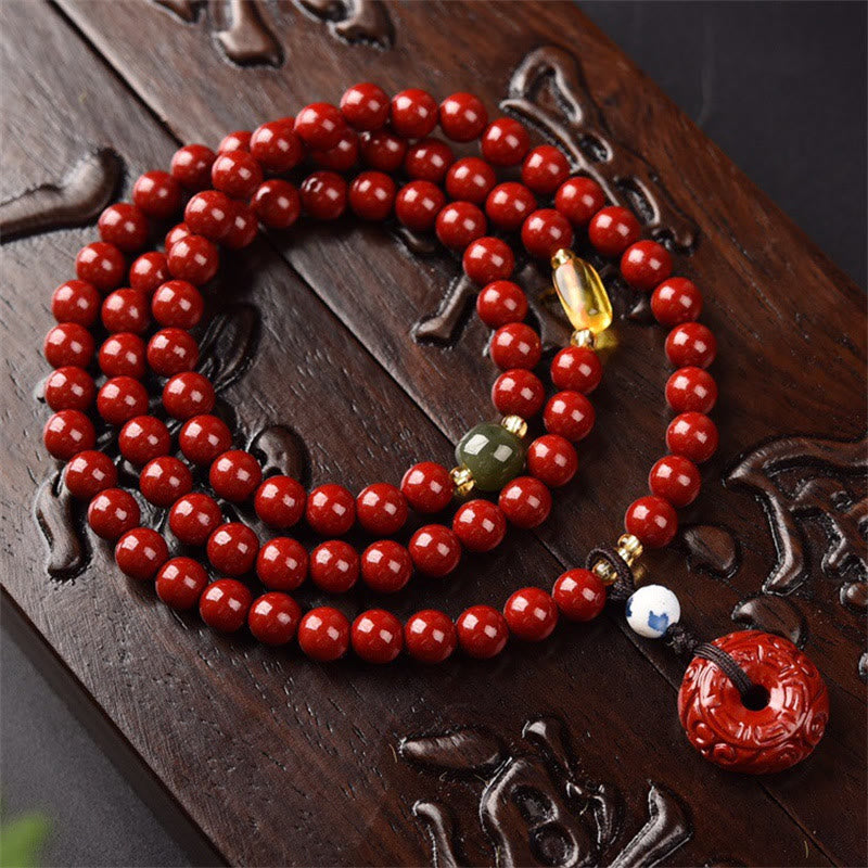 MythStone Tibetan Cinnabar Peace Buckle Triple Wrap Blessing Bracelet Mala