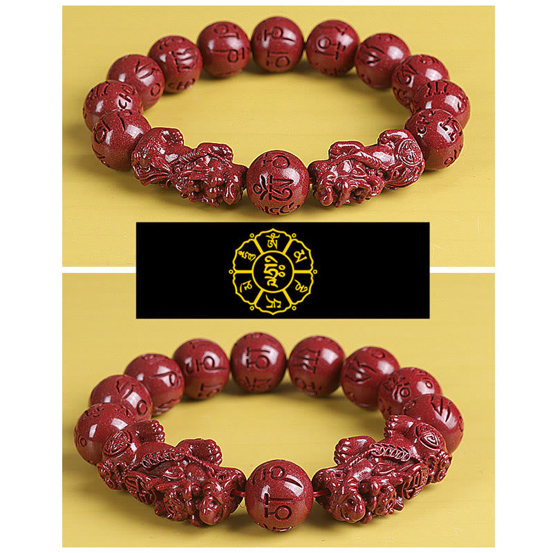 Mythstone Natural Double PiXiu Cinnabar Om Mani Padme Hum Wealth Luck Bead Bracelet