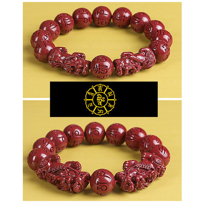 Mythstone Natural Double PiXiu Cinnabar Om Mani Padme Hum Wealth Luck Bead Bracelet