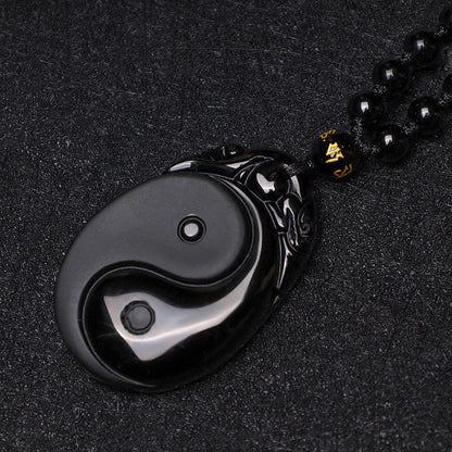 Mythstone Natural Black Obsidian Yin Yang Fulfilment Strength Necklace Pendant