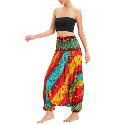 Mythstone Two Style Wear Gradient Colorful Loose Smocked Harem Trousers Jumpsuit High Waist Pants