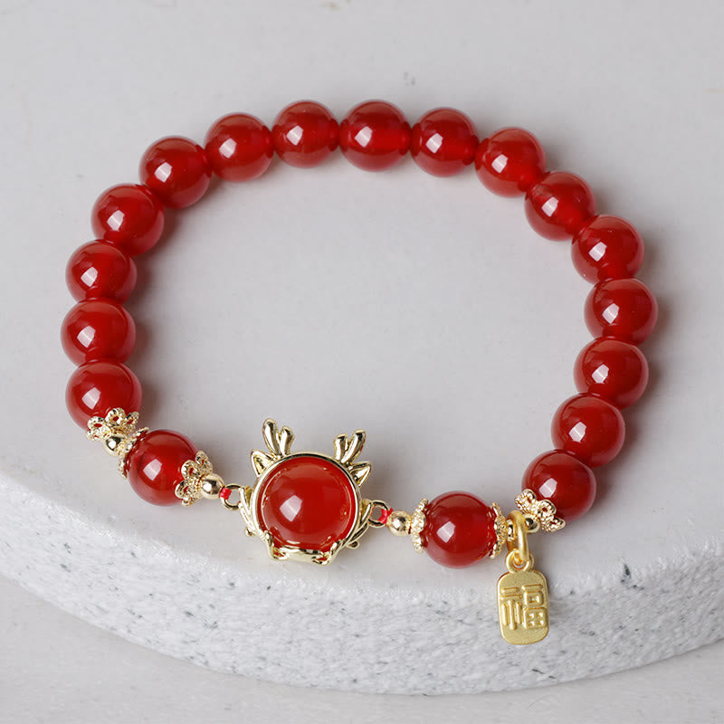 Mythstone Year of the Dragon Red Agate Jade Peace Buckle Fu Character Success Bracelet