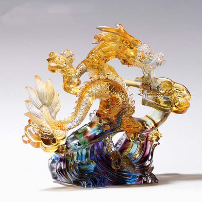 Mythstone Year of the Dragon Handmade Ruyi Handle Liuli Crystal Art Piece Protection Home Office Decoration