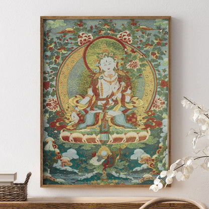 Mythstone Tibetan Silk Embroidery White Tara Thangka Tapestry Wall Hanging Wall Art Meditation for Home Decor